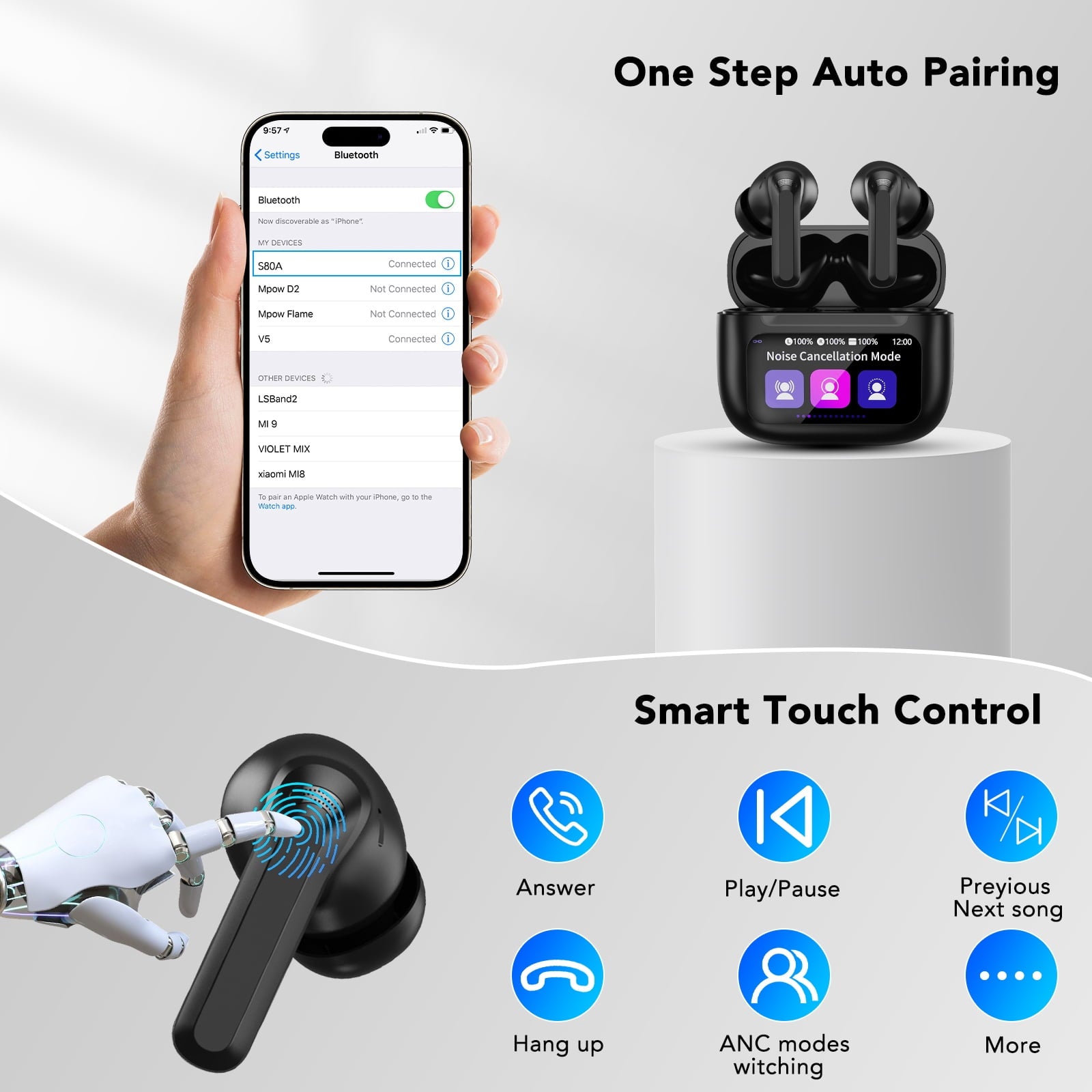 Touch Screen Wireless Earbuds Bluetooth Headphones with 50H Playtime, Noise Cancelling Headphones with Mic IPX7 Waterproof in Ear Earphones for Pad Android/iOS Phones Gifts for Women Men, Black