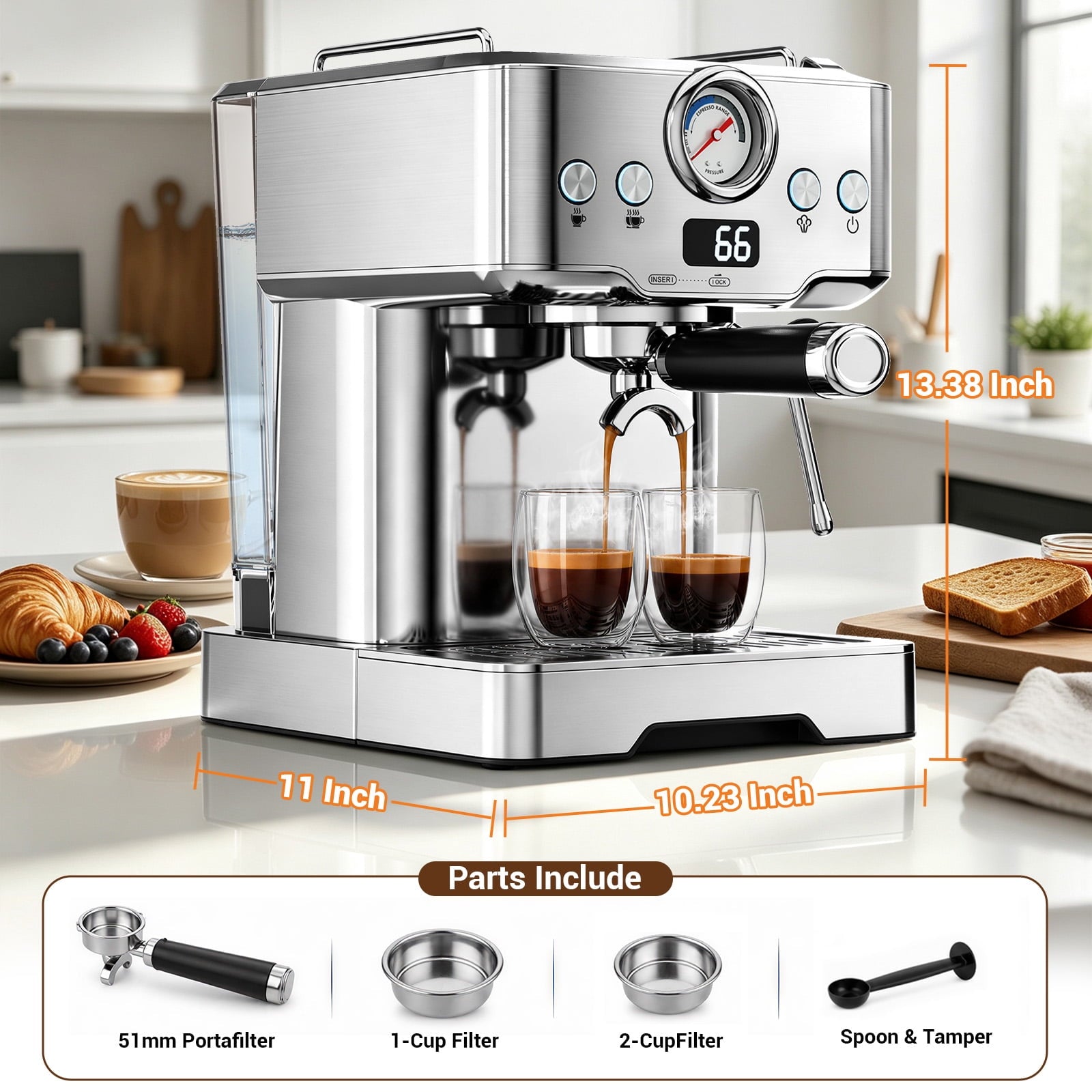 Friwest Espresso Machine with Steam Wand, 20 Bar Coffee Maker, Stainless Steel Espresso Machine for Latte, Cappuccino, Espresso, Ground Coffee & Coffee Pods