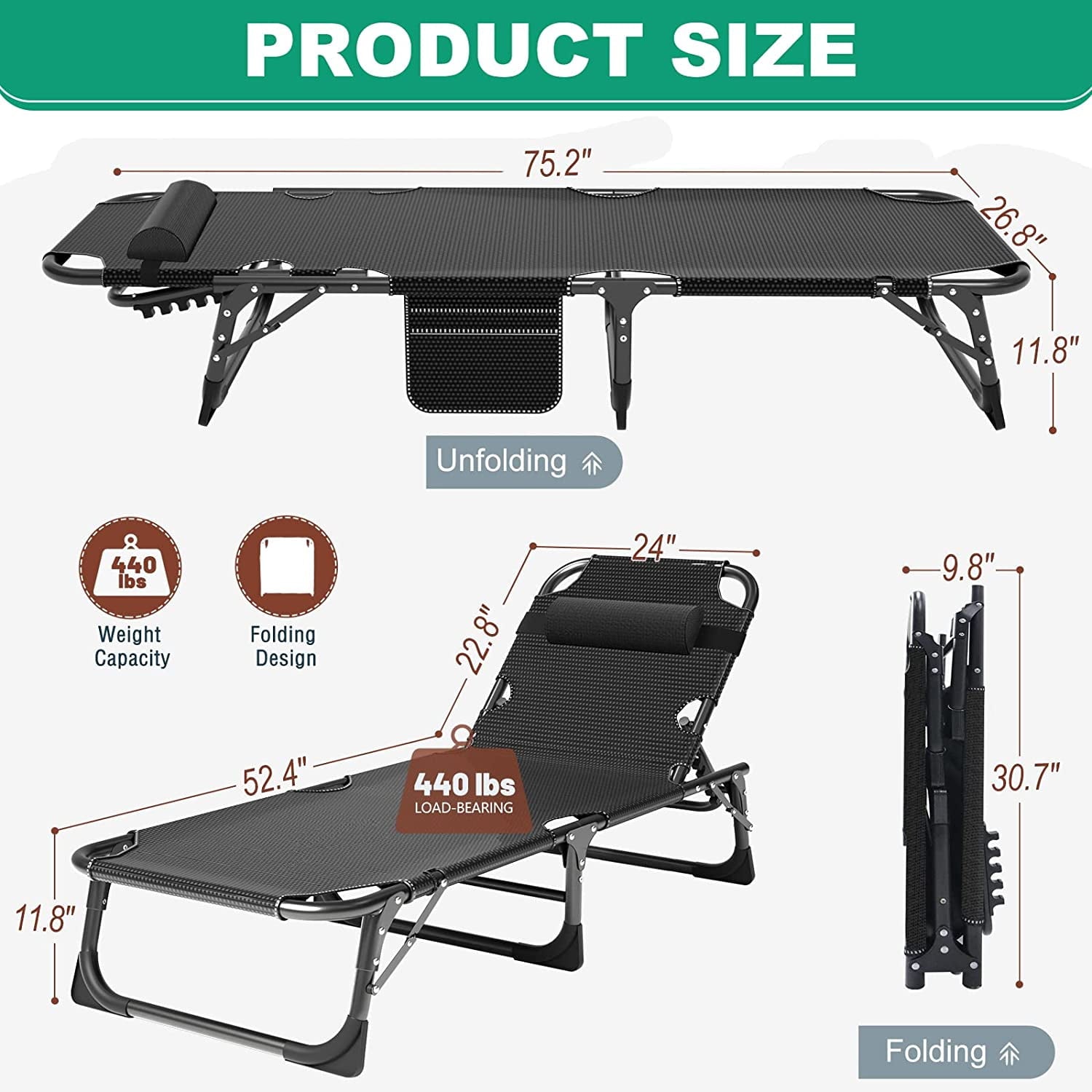 Slsy Folding Lounge Chair, 5-Position Adjustable Outdoor Reclining Chair, Folding Sleeping Bed Cot, Folding Chaise Lounge Chair for Pool Beach Patio Sunbathing