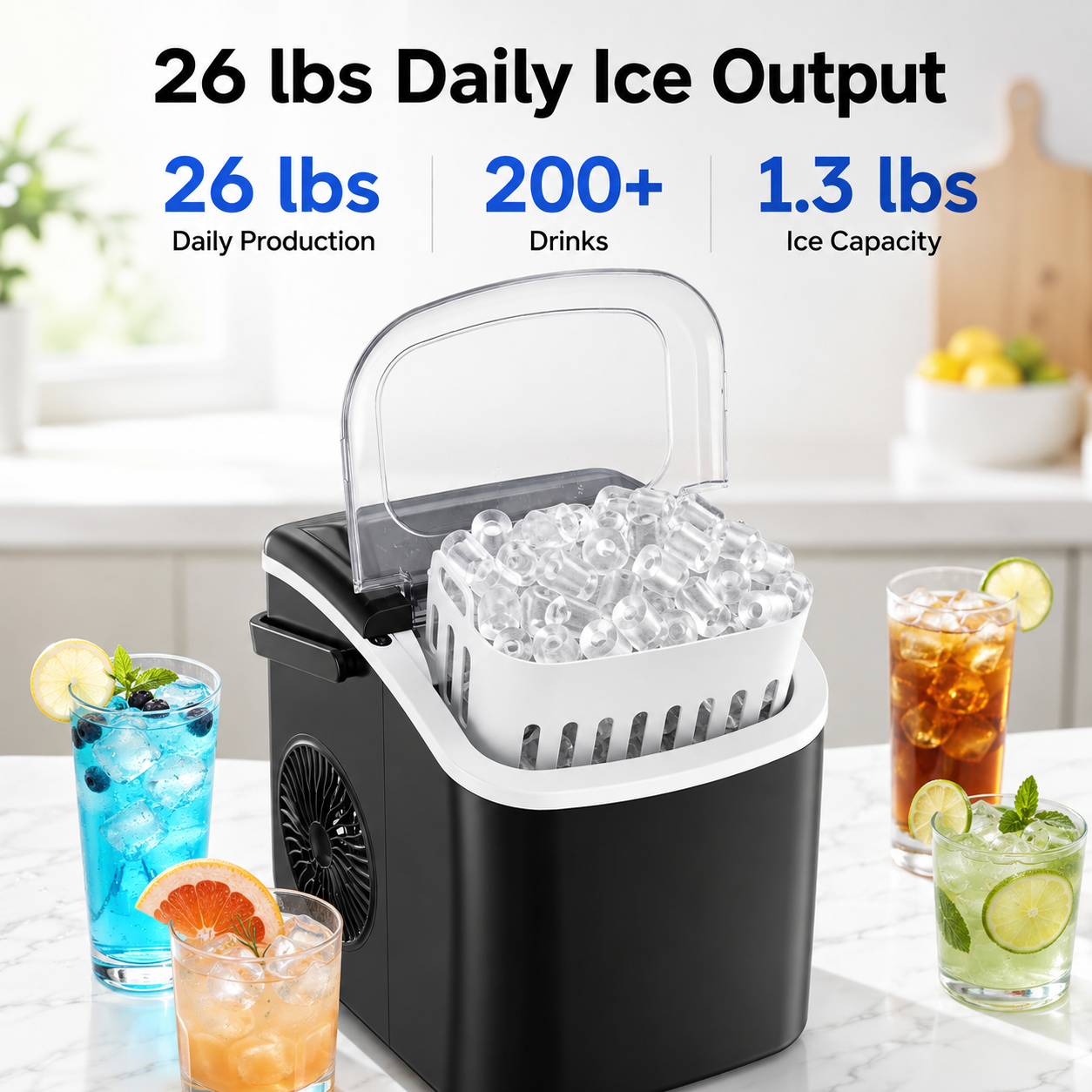 Friwest Countertop Ice Maker 26 lbs/24H , 9 Bullet-Shaped Ice in 6 Min, Auto-Cleaning Portable Ice Maker for Kitchen, Home, Office, RV, Black