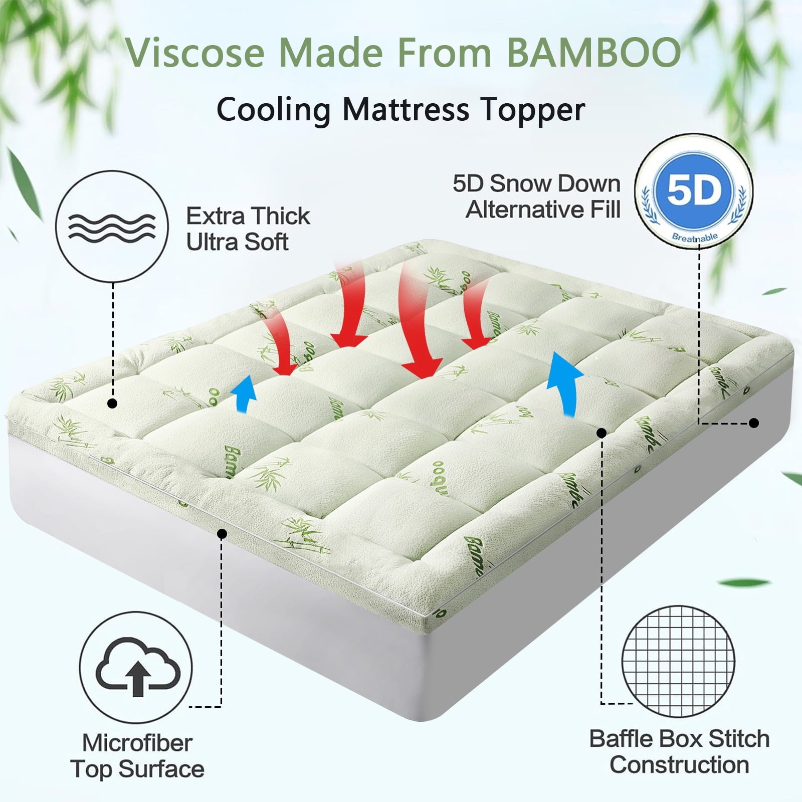 Mattress Topper King Size Bed,Bamboo Extra Thick Mattress Pad Cover Soft Plush Noiseless Down Alternative Fill,with 8-21" Deep Pocket