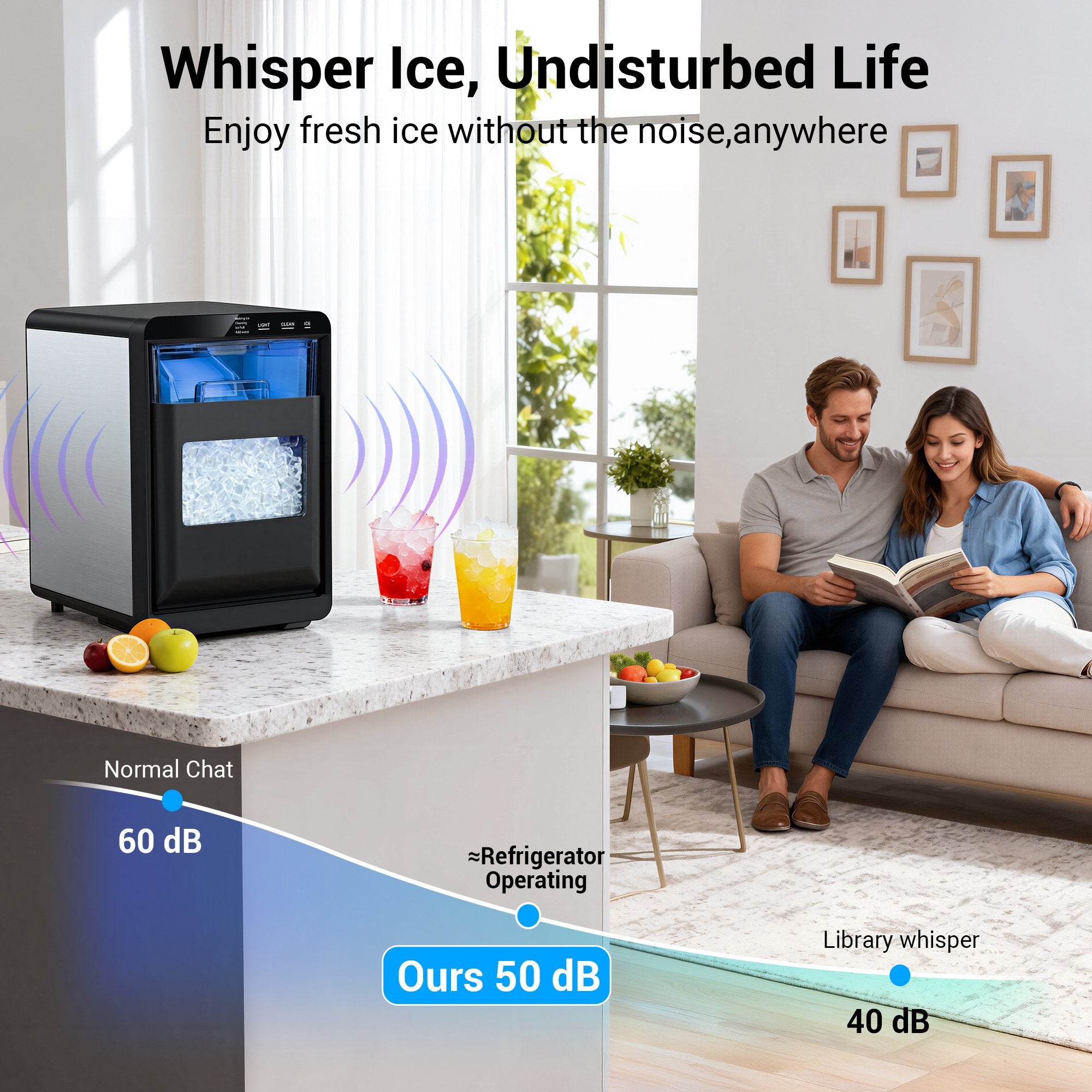 Friwest Nugget Ice Maker Countertop, 44lbs/Day Soft Chewable Pebble Nugget Ice Machine, One-Touch Self-Cleaning with Touch Screen for Home, Kitchen, Office, Stainless Steel, Black
