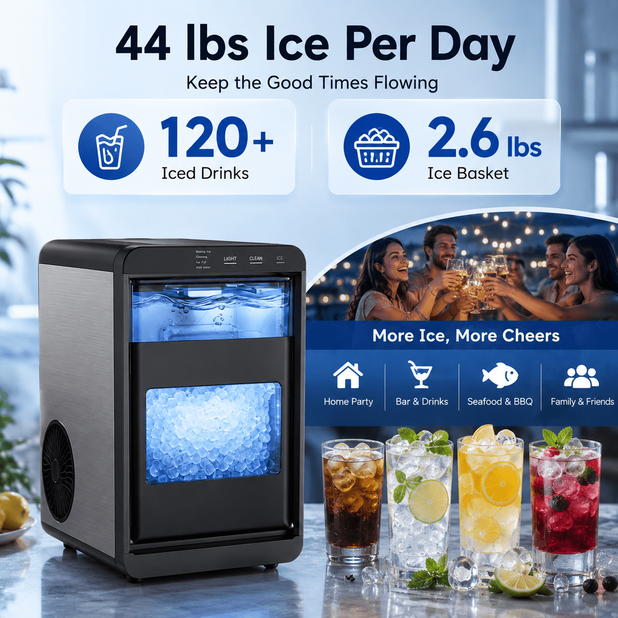 Friwest Nugget Ice Maker Countertop, 44lbs/Day Soft Chewable Pebble Nugget Ice Machine, One-Touch Self-Cleaning with Touch Screen for Home, Kitchen, Office, Stainless Steel, Black