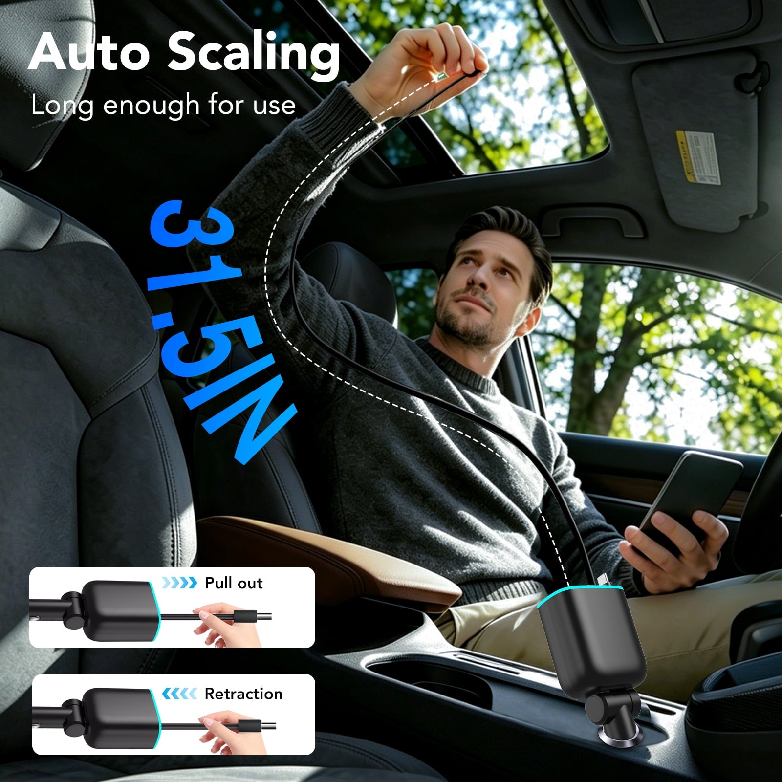 KT1 85W Retractable Car Charger, Fast USB C Charger with 180° Adjustable Arm, PD30W & QC3.0, Compatible for iPhone, iPad, Airpod, Android - Road Trip Essentials