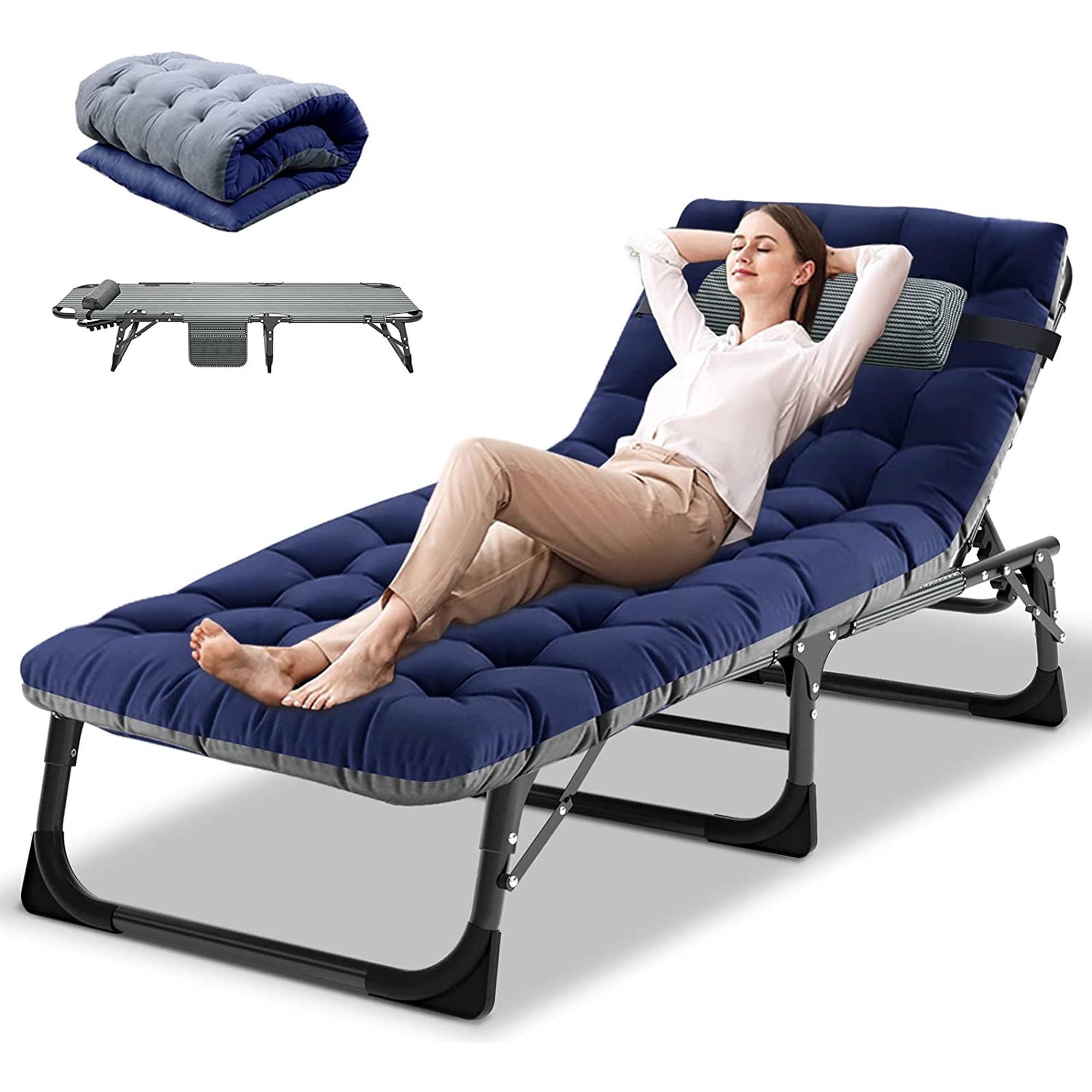 Slsy Portable Folding Camping Cot Bed with 2 Sided Mattress & Pillow, Adjustable 5-Position Folding Lounge Chair, Folding Cot Bed