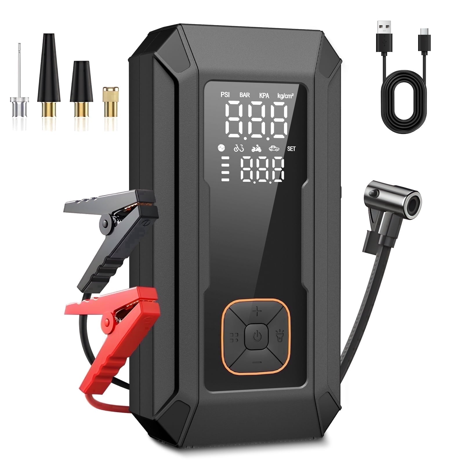 KT1 Car Jump Starter with Air Compressor, 150 PSI, 15000MAH Power Bank, 4000A Jump Starter, Fast Inflation for Car Tires, Bikes, SUV, Trucks & More - Portable Air Compressor with LED Light