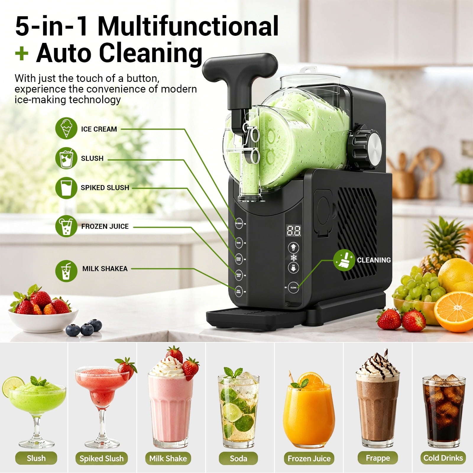 Friwest Slushy Machine with Compressor, No Ice Needed, 5 Preset Slush & Margarita Programs, Self Cleaning