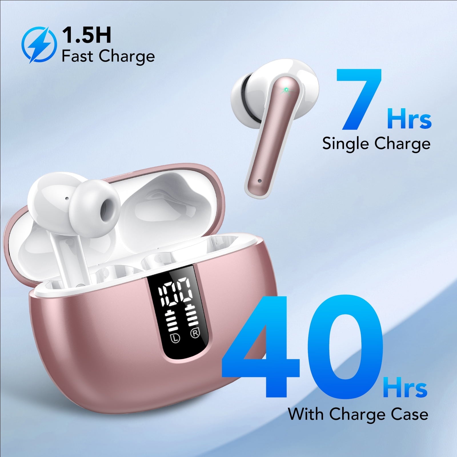 Bluetooth Headphones True Wireless Earbuds 40H Long Playback, Stereo Deep Bass, LED Display, IPX7, Lightweight in Ear Earphone, Noise Cancelling Headphones with Mic for iPhone Android, Pink