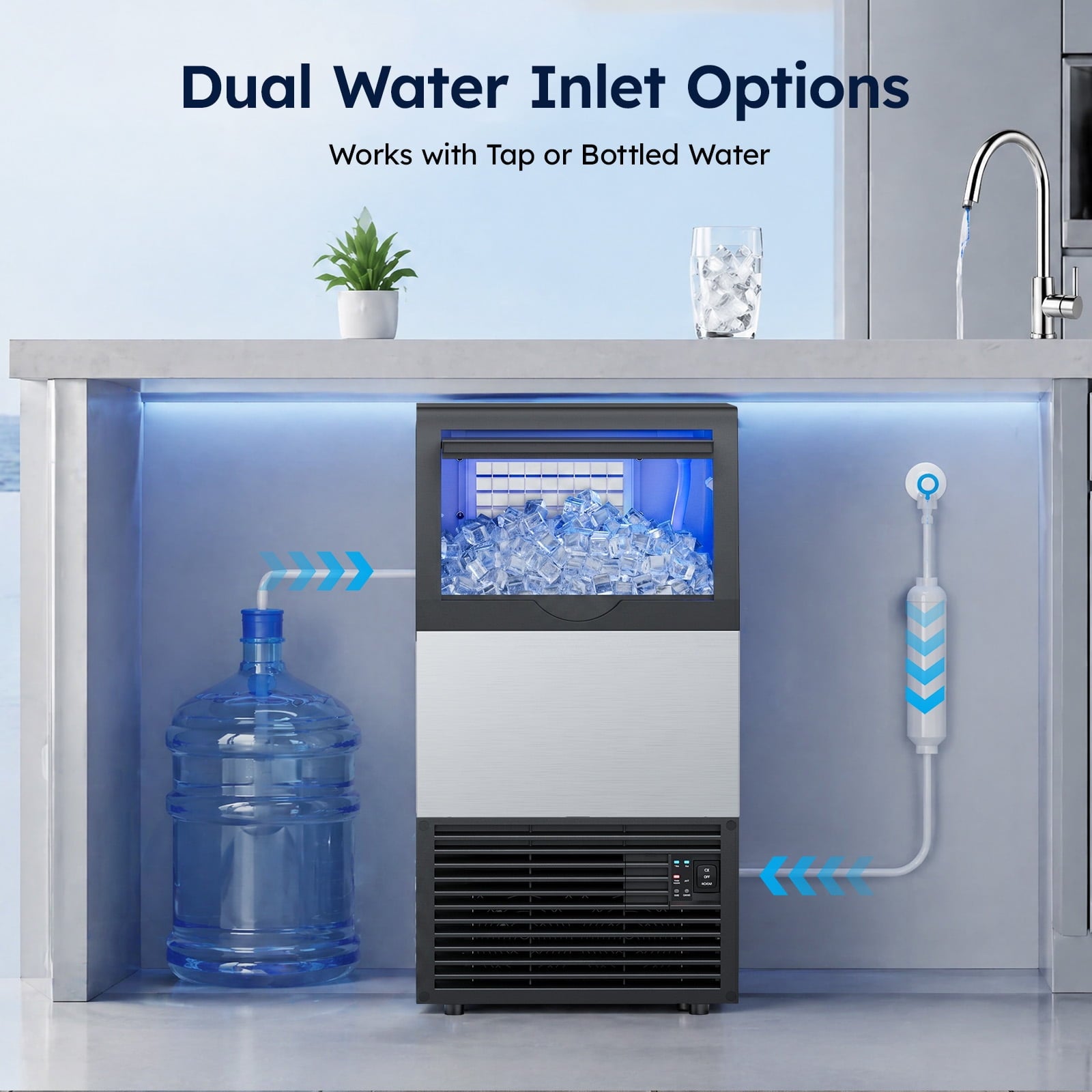 Friwest Commercial Ice Maker Machine, 150 Lbs/24H, 50 Lbs Storage Bin, 45 Cube Square Ice, Adjustable Ice Thickness, Dual Water Inlet Self-cleaning Ice Machine for Bar, Cafe, Shop & Home