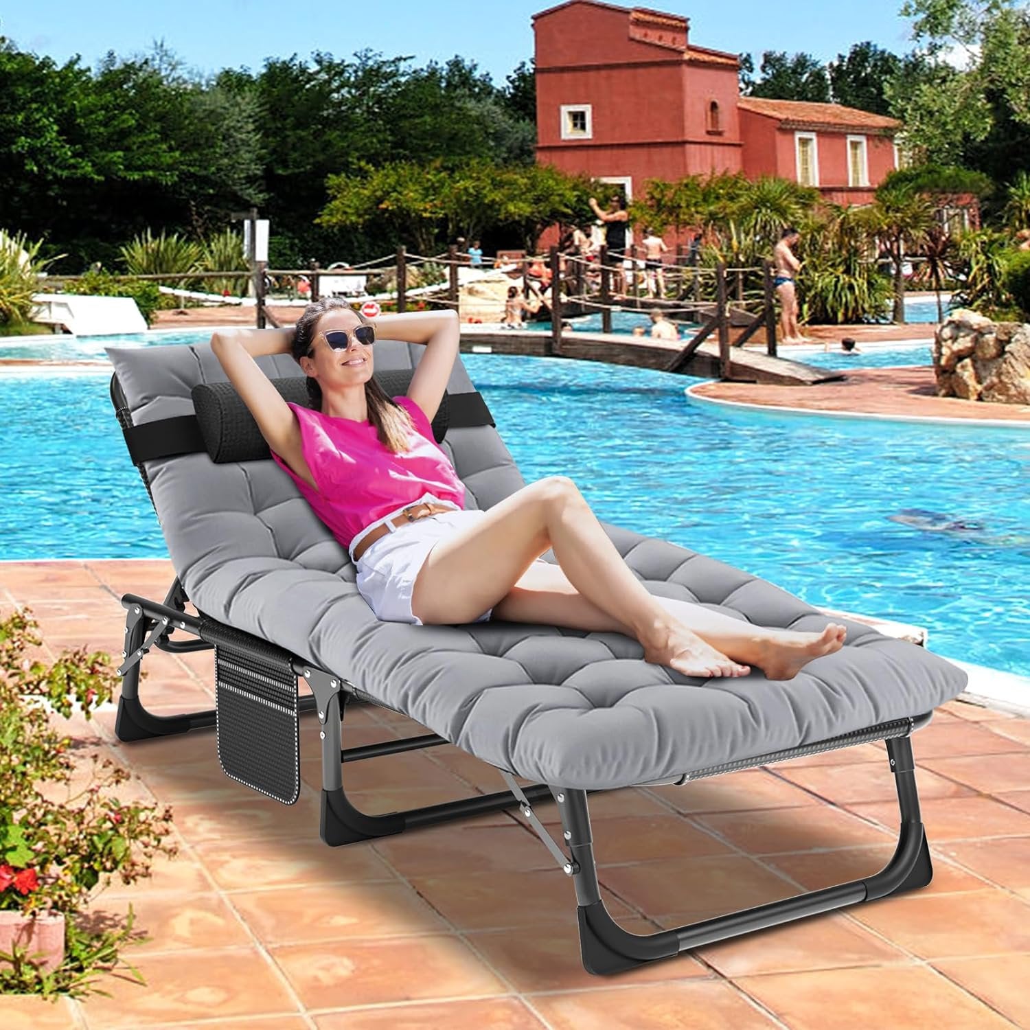 Slsy Folding Lounge Chair, 5-Position Adjustable Outdoor Reclining Chair, Folding Sleeping Bed Cot, Folding Chaise Lounge Chair for Pool Beach Patio Sunbathing